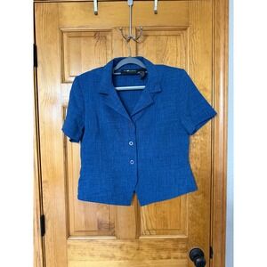 Sag Harbor Petite Blue Textured Short Sleeve Button Front Blazer Women 14P